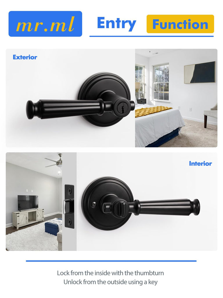 Door Handle Black Keyed Entry Door Lever with Lock and Key, 1 Pack