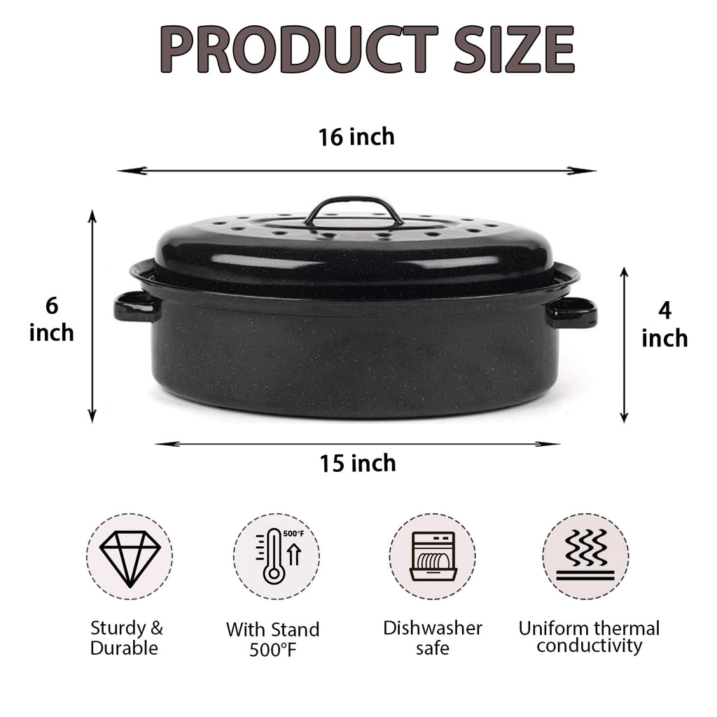 16" Enamel Carbon Steel Roasting Pan with Lid and Rack, Roaster Pan for Oven, Dishwasher Safe and High Temperature