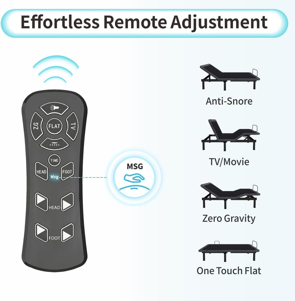 Adjustable Bed Base Full Massage Bed Frame Dual Head & Foot Lift Electric Bed with Wireless Remote | 0 Gravity