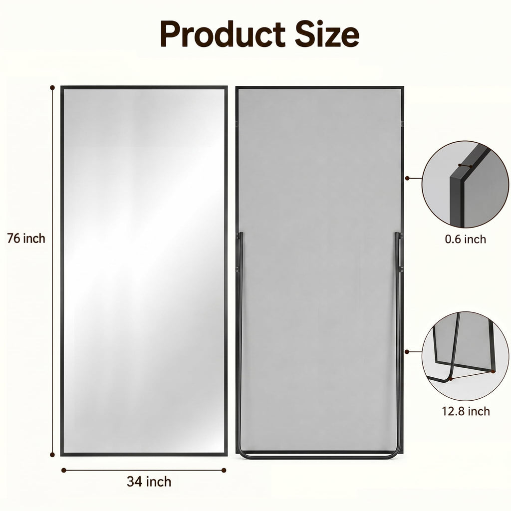 Full Length Mirror, 76"x34" Floor Mirror with Stand, Black, Rect