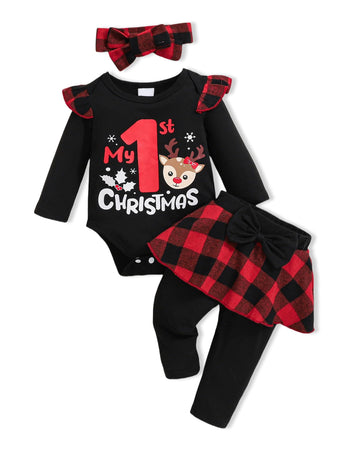 6- Baby Girl Clothes My 1st Christmas Outfits Ruffler Sleeve Infant Romper Reindeer ' Print Skirt Hem