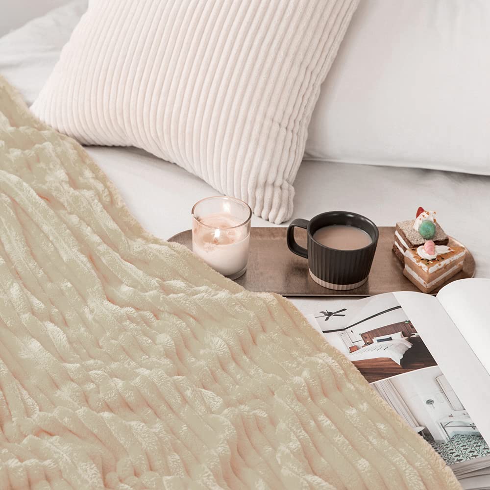 Fleece Throw Blanket with Stripe Pattern Fuzzy Flannel Beige Blanket for Couch Plush Warm Cozy Bed Blanket Boho Decor