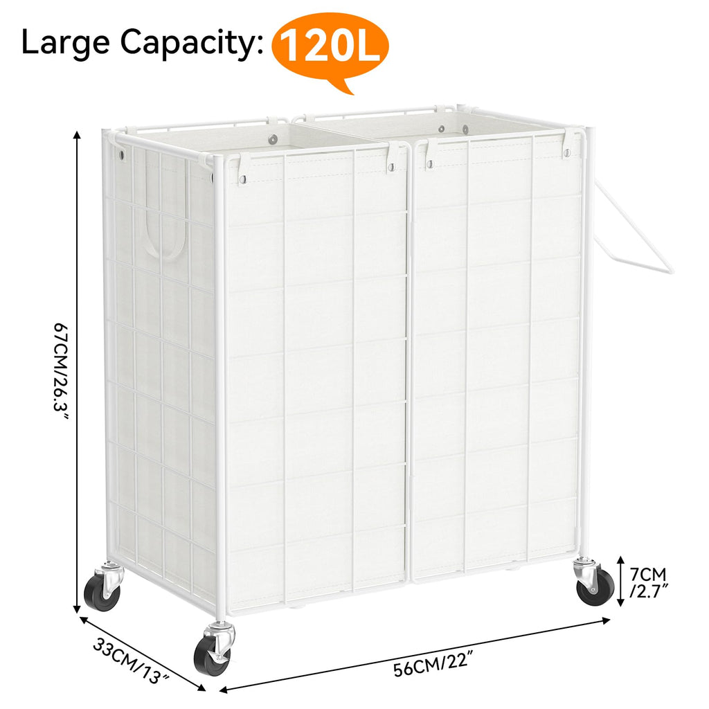 Double Laundry Hamper with Wheels, Metal Rolling Laundry Basket