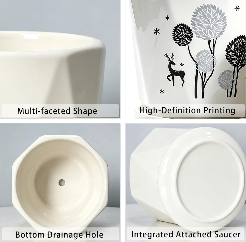 Woodland Deer Floral Ceramic Plant Pots Set of 3, Modern Nordic Planters with Drainage Hole and Saucer, Decorative