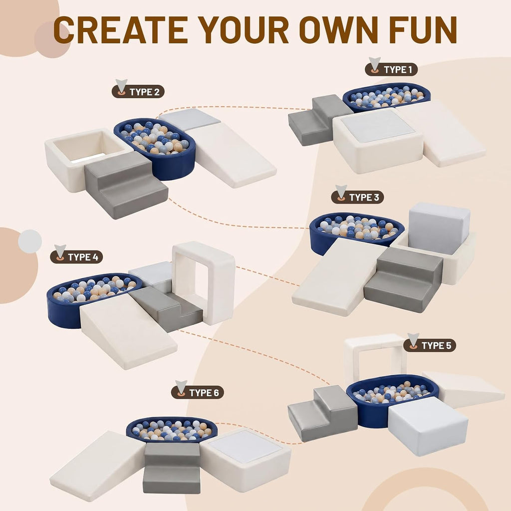 Soft Foam Climbing Blocks Set for Toddlers - Piece Oval Ball Pit & Play Structure with Navy Blue Leather, Indoor