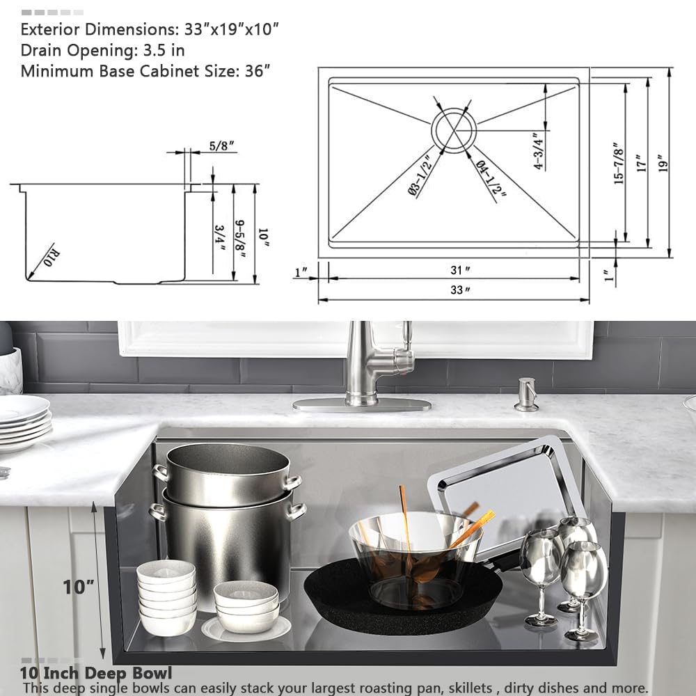 33 Inch Undermount Kitchen Sink Workstation Stainless Steel Sink