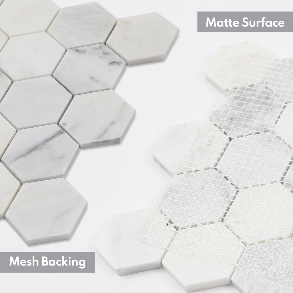 Bianco Alba Marble Stone 2 Inch Hexagon White Marble Mosaic Tile Wall Bathroom Shower Floor (5 Sheet, Honed)