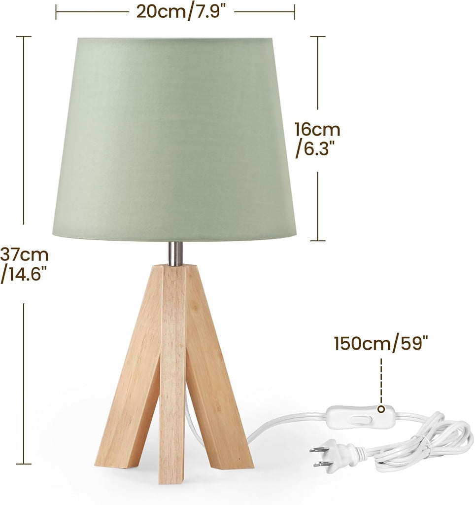 Tripod Table Lamp, Small Bedside Lamp with Wood Base & Green Fabric Shade, Little Cute Desk Lamp, Modern Nightstand