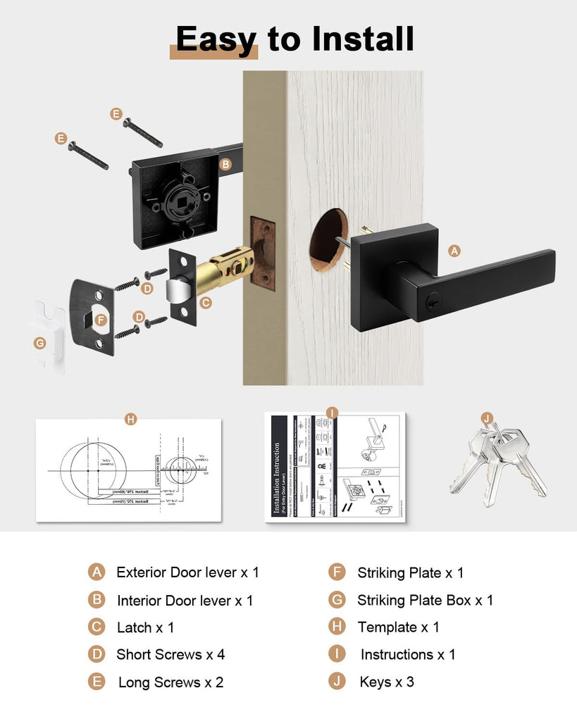 Entry Door Levers Matte Black with Different Keys, Heavy Duty Hardware for Exterior Front and Back Door,Lockable