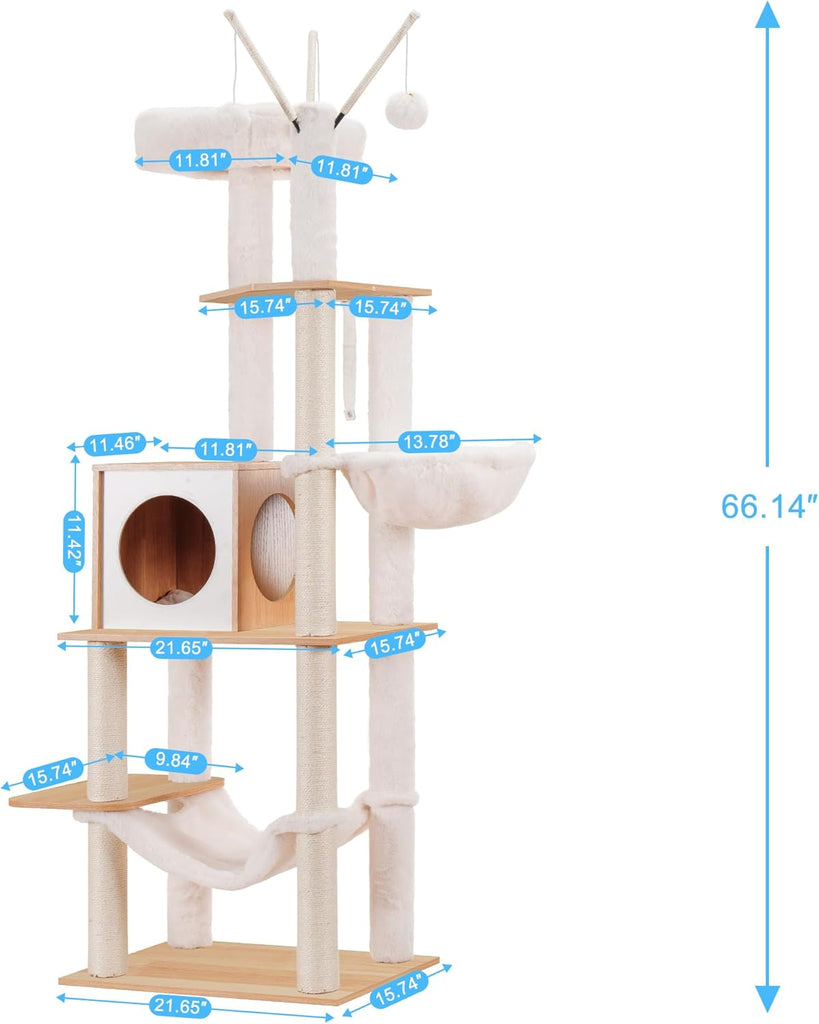 Wooden Cat Tree Tower with Hammock for Indoor Cats