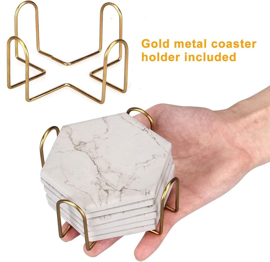 Cute Marble Absorbent Stone Coaster Set with Holder White Ceramic Coster - Set of 7