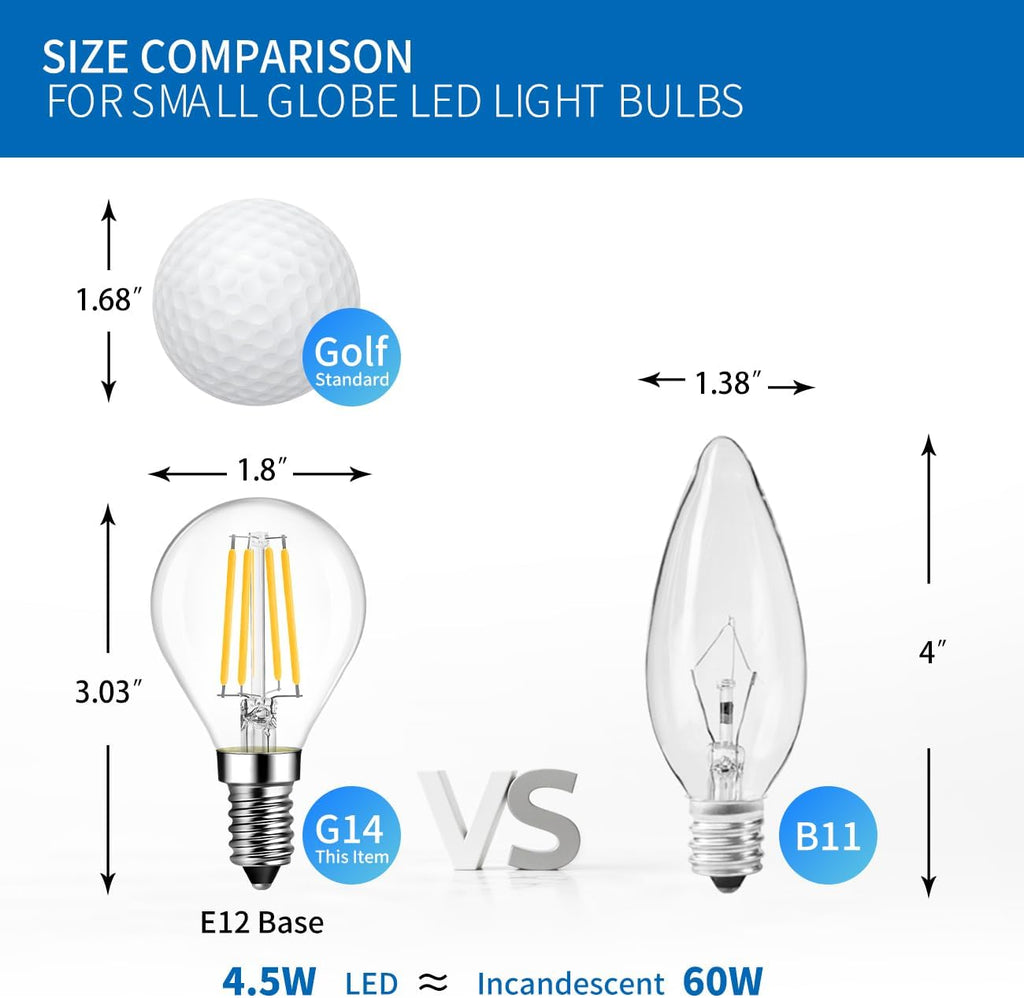E12 G14 LED Globe Round Light Bulb Dimmable, 4.5W Eqv 60W, 6 Pack