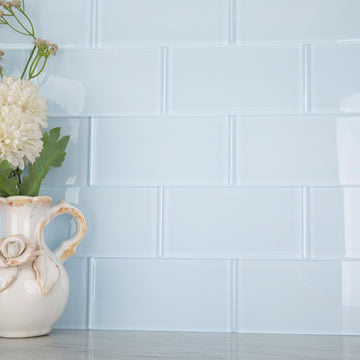 Light Blue Glass Subway Tile, 3x6 Inch, 4 Sq.Ft, Glass Backsplash Tile Shower Bathroom Wall, Pack-32 Pcs