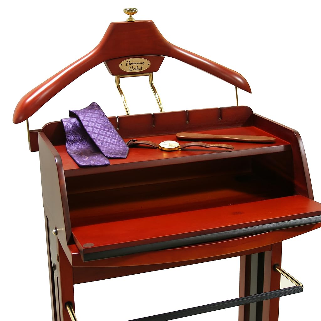 Excalibur Wardrobe Wood Valet Stand with Power Extension, Large Storage Compartment, Contour Hanger, Trouser