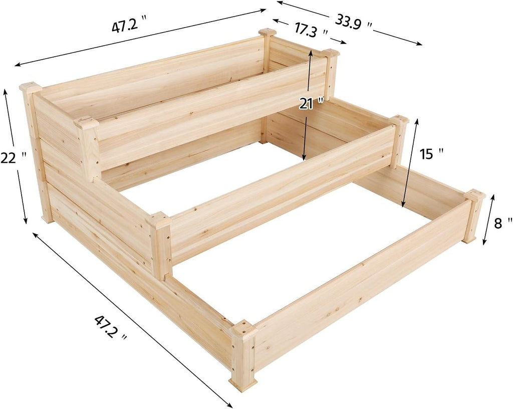 3 Tier 47 x 47 x 22in Raised Garden Bed Horticulture Outdoor Elevated Flower Box Tiered Garden Bed Wooden Vegetables
