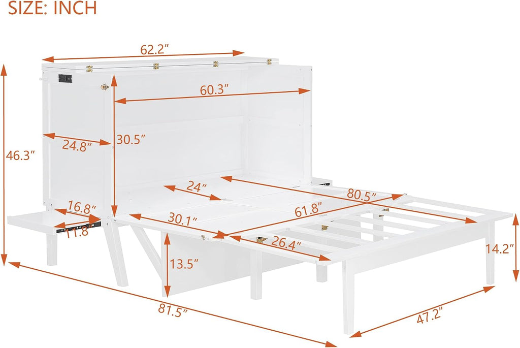 Foldable Murphy Cabinet Bed with Removable Shelves on Each Side and Desk, Queen Wood Murphy Bed with USB Port for