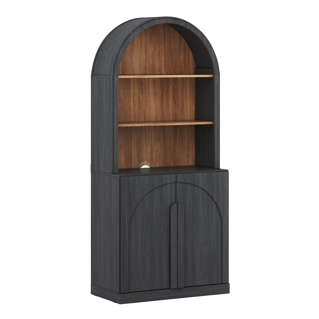 Arched Bookshelf with Adjustable Shelf, 71" Tall Curio Display Cabinet with Wood Door, 5 Tier Modern Bookcase Shelf
