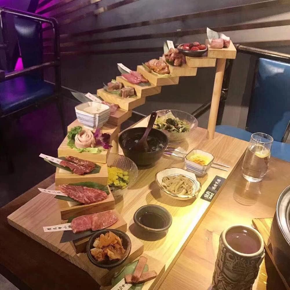 Japanese Wooden Sushi Plate Serving Tray, 12 Steps Stairs Creative Rotating Meat Plate Dish Sushi Sashimi Serving