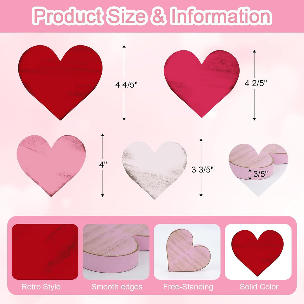 Wooden Hearts Valentines Decorations Indoor, Wood Heart Blocks Tiered Tray Decor, Red Pink White Valentine - Set of 4