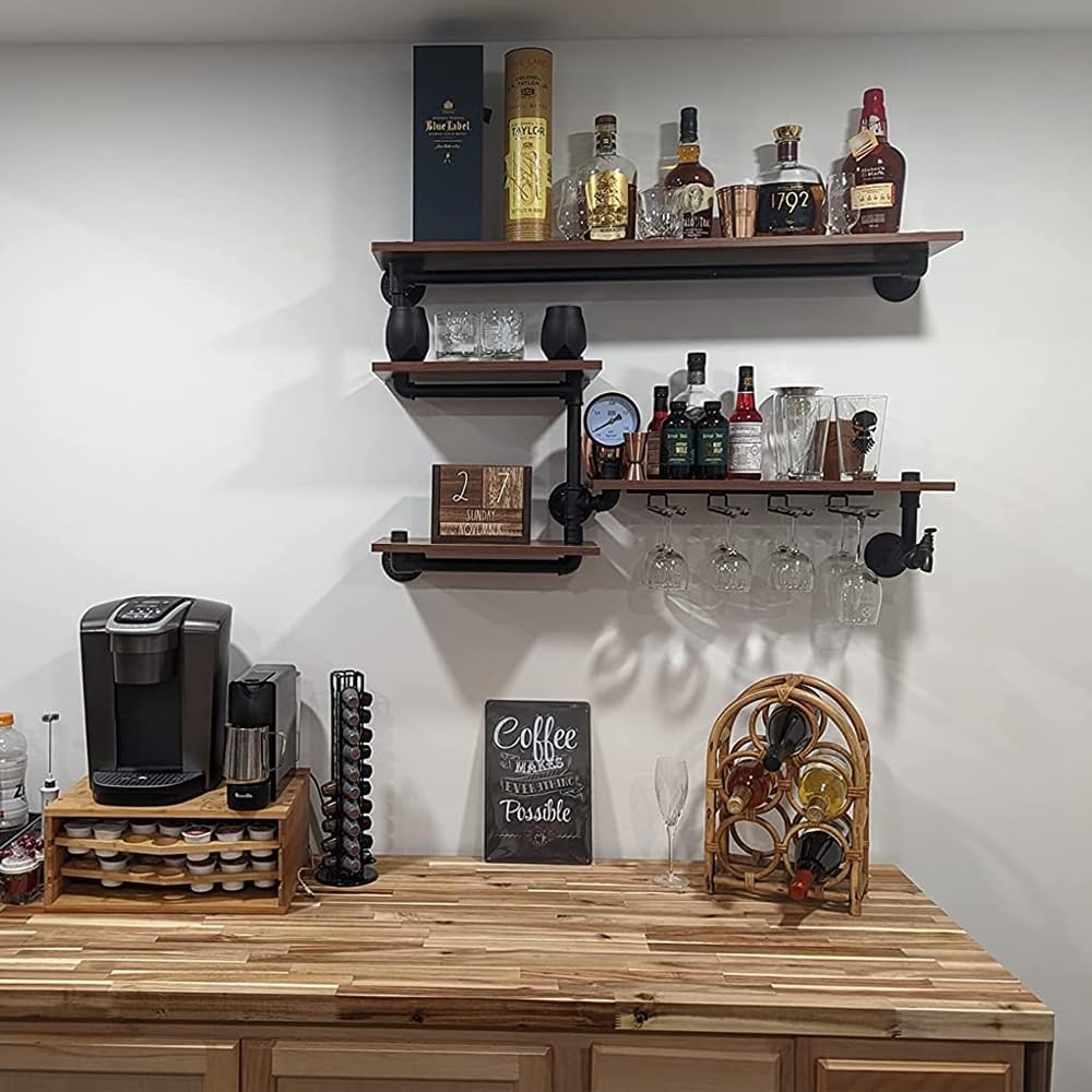 Bar Liquor Shelves, Industrial Pipe Shelving Wine Rack Wall Mounted with 4 Stem Glass Holder, Rustic Floating Pipe