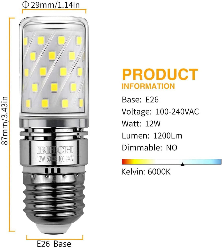 E26 LED Corn Bulbs, 12W, 6000K Daylight White, 1200LM, Edison Screw Base, 100W Incandescent Equivalent, Pack of 4