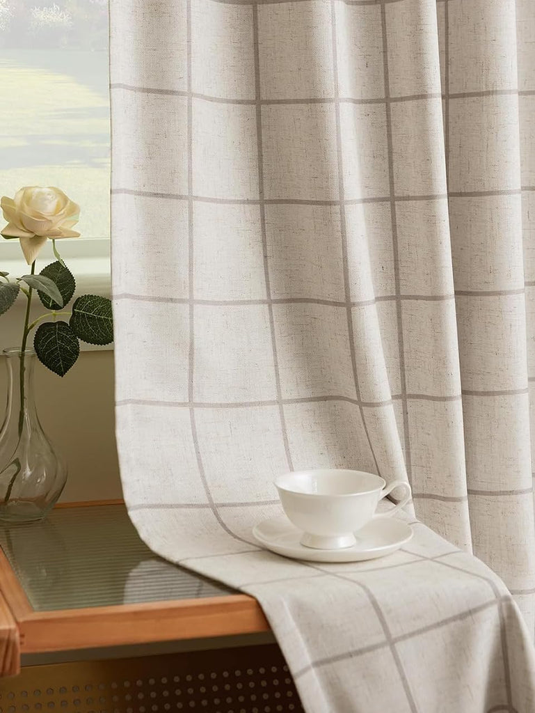 Plaid Pinch Pleated Curtains - Modern Luxury Linen Buffalo Blackout Drapes, Thermal Insulated Double Layer Window