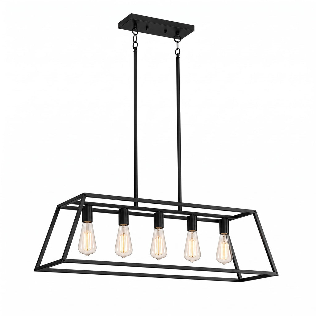 Black Kitchen Island Lighting, 5-Light Farmhouse Chandeliers, Modern Industrial Linear Rectangle Pendant Light