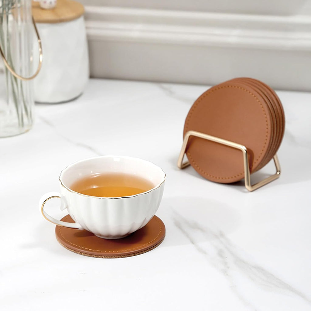 Coasters with Holder - 3.9-Inch Drink Coasters(Brown) - Set of 6