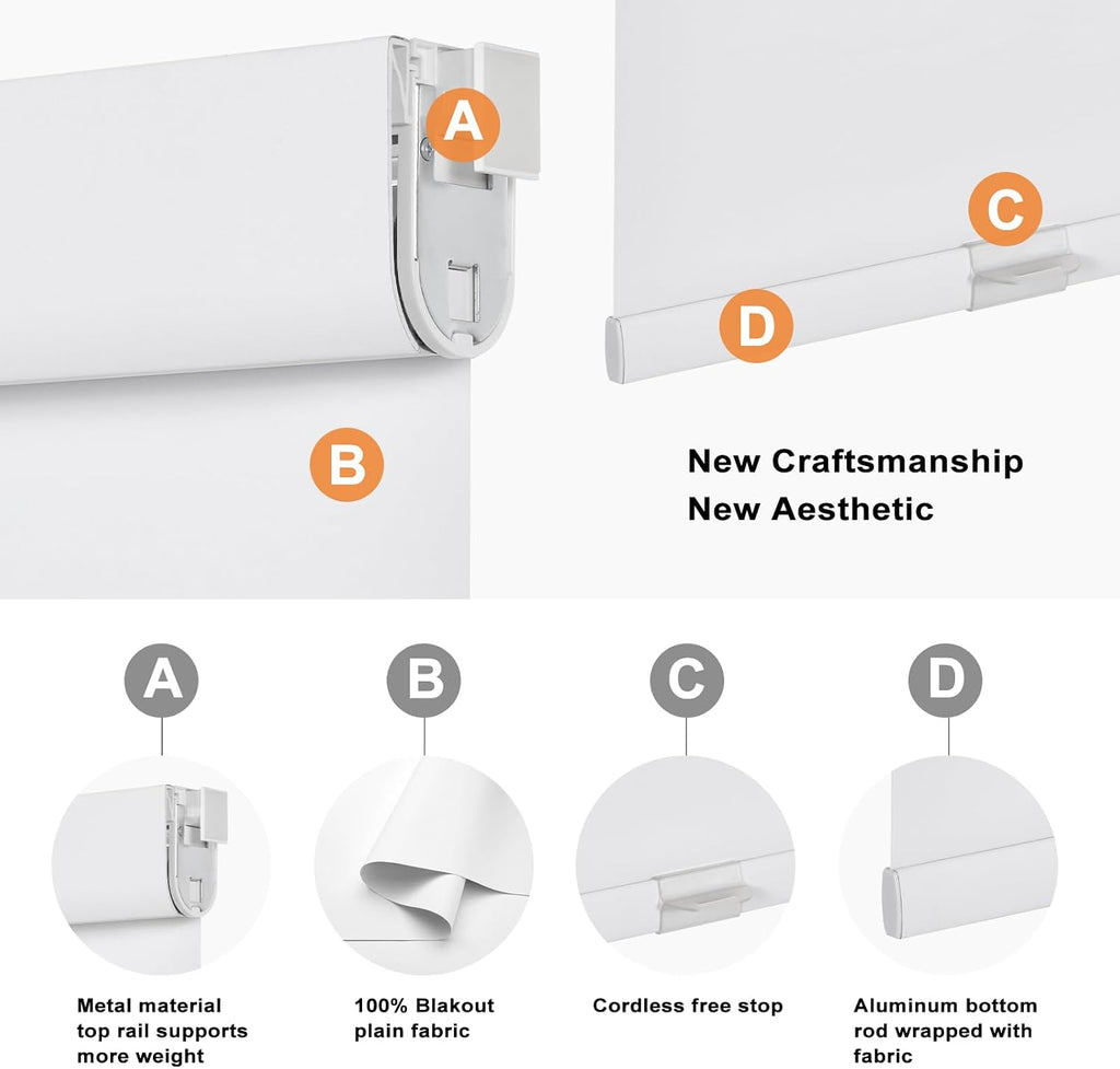 No Drill No Tools 100% Blackout Roller Shades for Indoor windows, Free-Stop Cordless Roller Blinds, UV Protection
