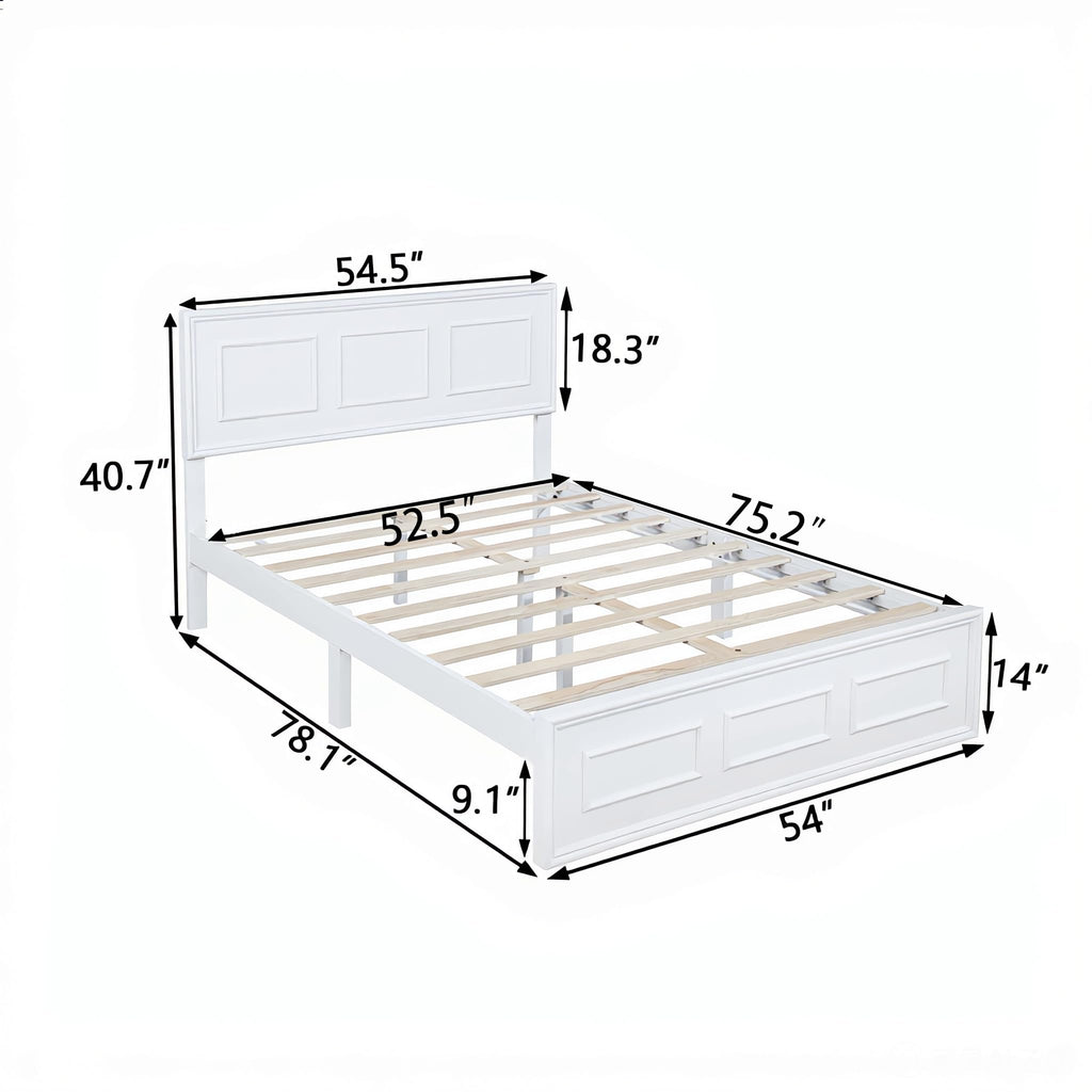 White Farmhouse Wood Bed Frame with Adjustable Headboard