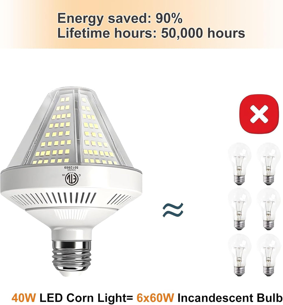 6000 Lumen LED Corn Cob Light Bulb, 40 watt, 400 watt Equivalent, 5000K Daylight Light, E26 E27 Base, Garage Light