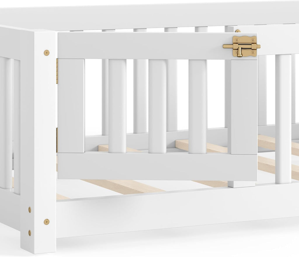 Twin Size Floor Bed Frame with Fence and Door for Kids, Montessori Floor Bed with Slats and Safety Guardrails,Solid