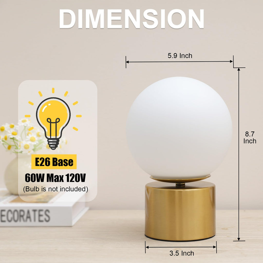 9 Inch Modern Gold Globe Table Lamp, Vintage Mid Century Round Table Lamp with Milk White Glass Shade Metal Base