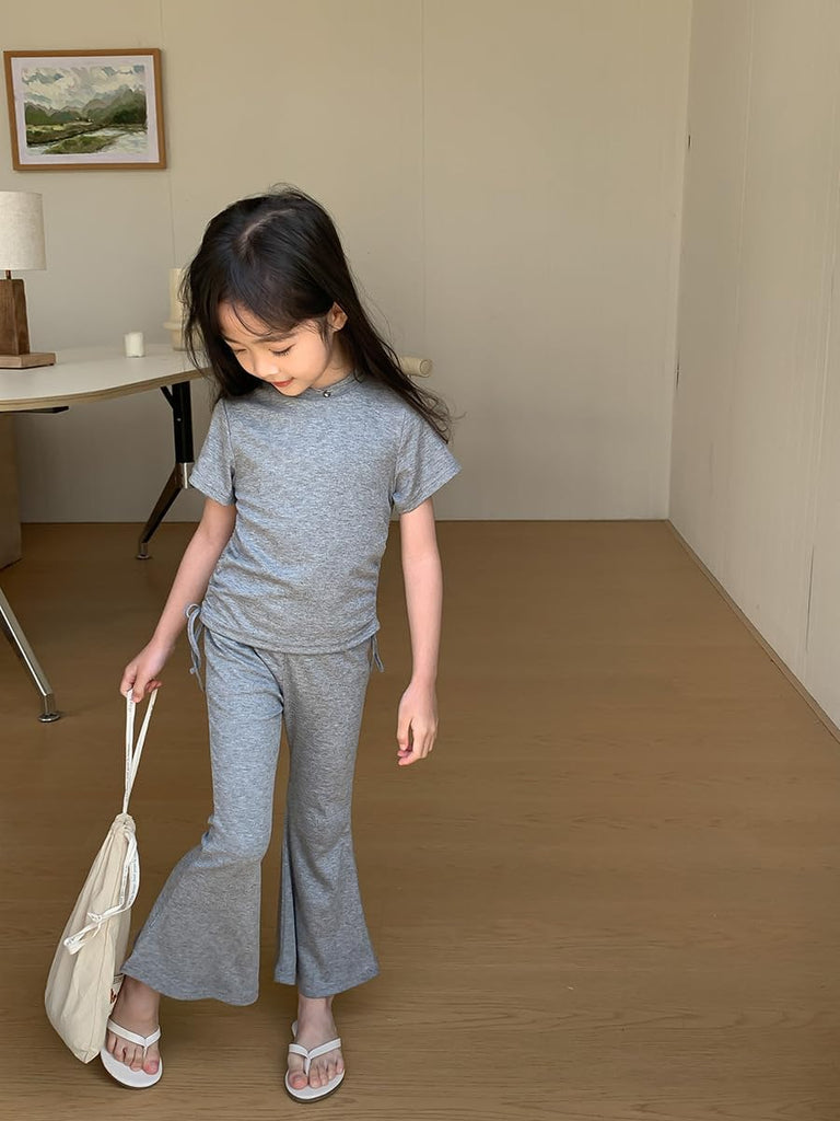 Girls Ribbed Knit Tee Bell Bottoms Outfits Kids 2Pcs Short Sleeve T-shirt with Drawstring Side + Flare Pants Set