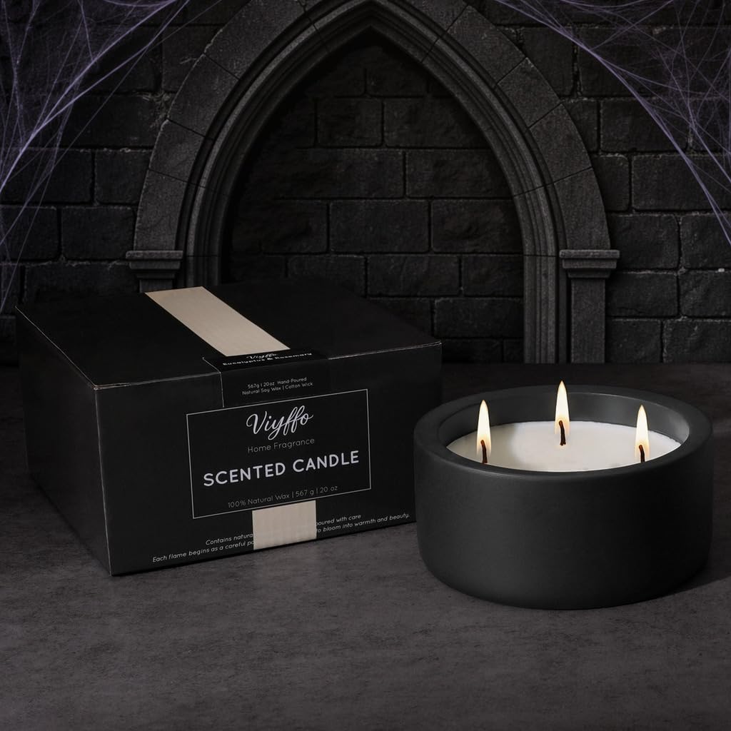 20oz Large Decorative Black Candle - Dark Botanical Lavender & Juniper, 3 Wick Fall Scented Candle for Women & Men