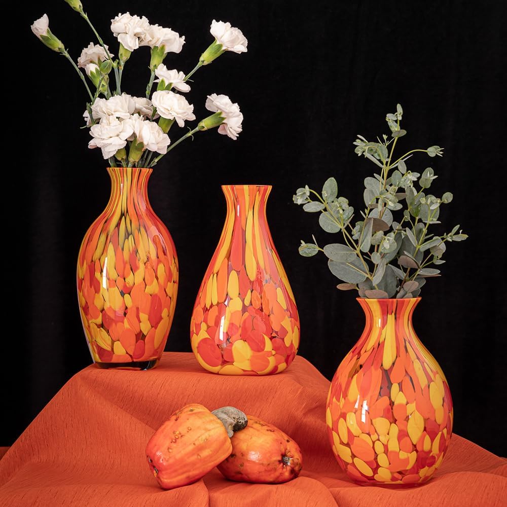 Murano Style Art Glass Vase Hand Blown Orange Confetti Effect Home Decor