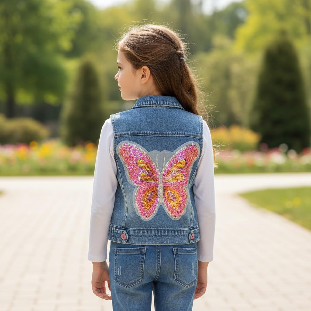 Little Big Girl Outfit Distressed Sleeveless Jacket Embroidered Sequins Butterfly Denim Vest