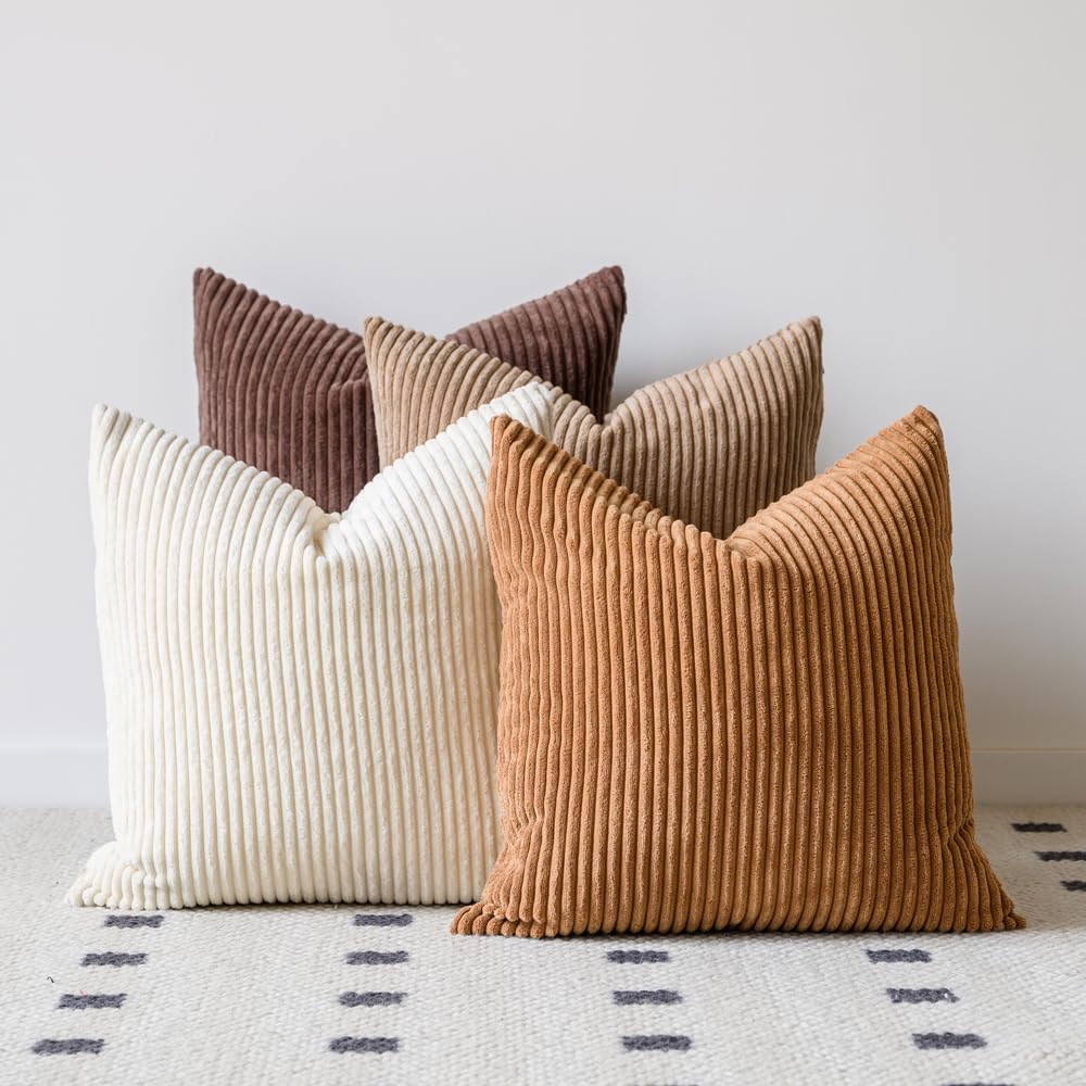 Decorative Corduroy Throw Pillow Covers 20x20 Inch Neutral Brown