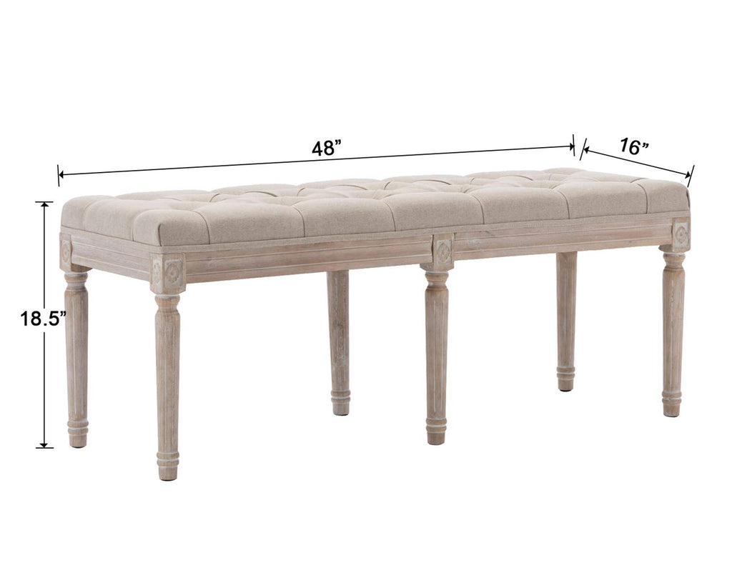 45.3" Upholstered Dining Room Bench, Rustic Living Room Ottoman Bench with Carved Pattern & Rustic White Brushed