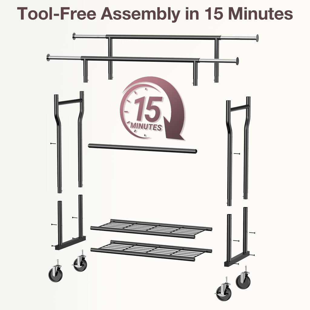 Heavy Duty Clothes Rack Load 960LBS, Adjustable Three Rods Rolling Garment Rack with Double-Layer Bottom Shelf