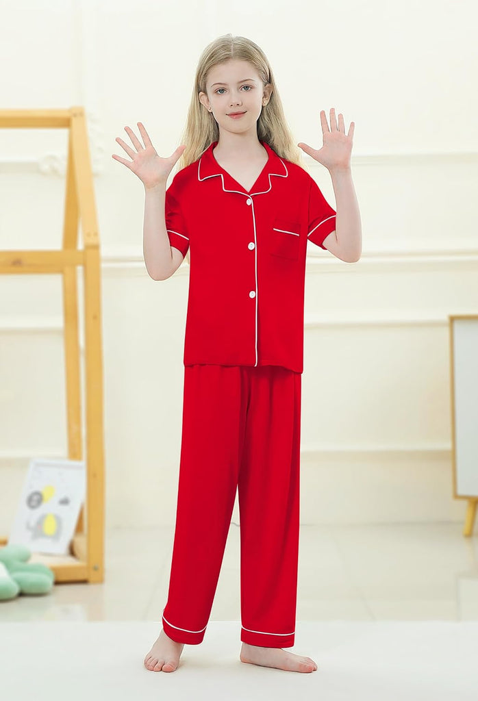 Girls Pajamas Set Button Down Notch Collar Soft Short Sleeve Pjs Set with Long Pant Set Lounge Set