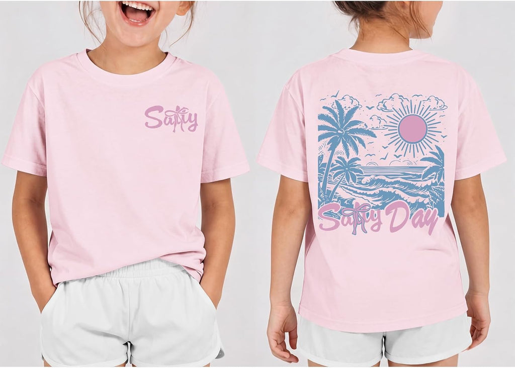 Girl's Hawaiian Graphic Tees Cute Preppy Shirts for Kids Salty Beach Printed Tshirt Casual Summer Tops