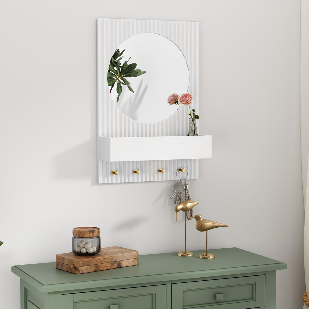 Wood Wall Mirror with Shelf&Hooks, 24"x16" White Wall-Mounted Mirrors with Streamlined Texture Hanging Decorative