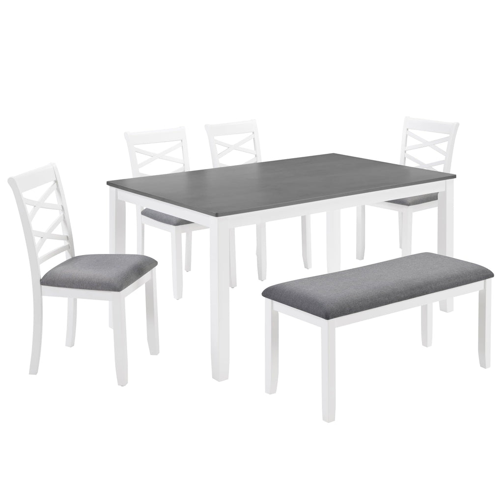 6-Piece Modern Dining Table Set with Chairs and Bench, Wood Kitchen Table Set for 4-6, Rectangular Kitchen Dining