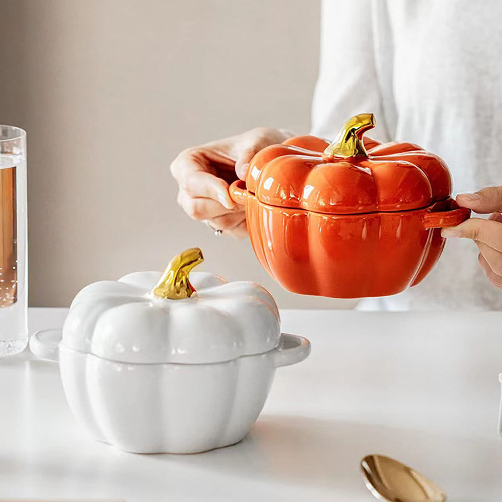 Pumpkin Bowl Set with Lid and Handle, Set of 2 Ceramic Ramekins for Baking, Casserole Dish Individual Severing Pot