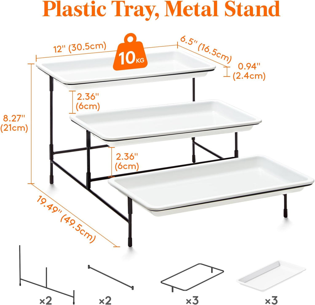 Tier Serving Tray for Party, Plastic Tiered Food Serving Platters - Set of 3