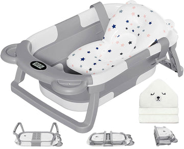 Collapsible Baby Bathtub for Newborn with Thermometer & 1 Hooded Towel & 1 Soft Floating Cushion,Portable Travel