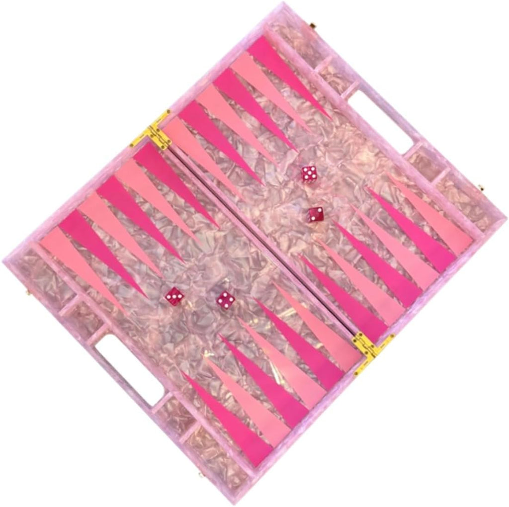 Luxury Backgammon Set, Board Game with Dust Bag, Marbled Pink with Gold Hardware, Acrylic Material, 14", Complete - Set of 30