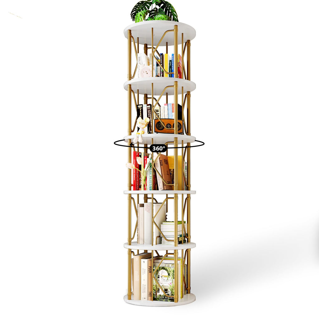 5 Tier Rotating Bookshelf Tower, Revolving Bookcase, Gold & White