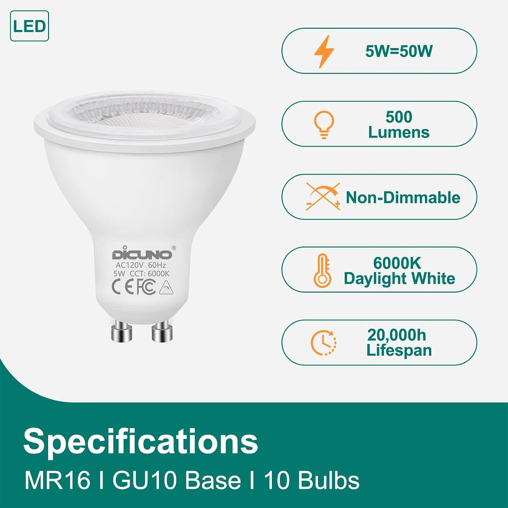 GU10 LED Bulb 5W, for Spotlight, Daylight White 6000K, 500LM, 10Pack